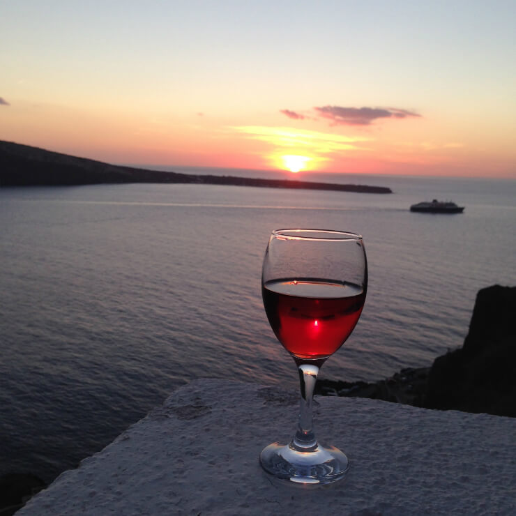 Santorini wine in sunset